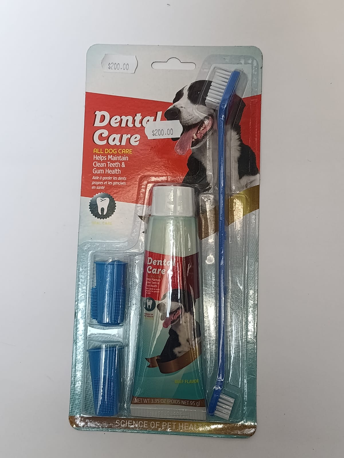 Kit dental para perro. Pasta de dientes, cepillo y dedales.