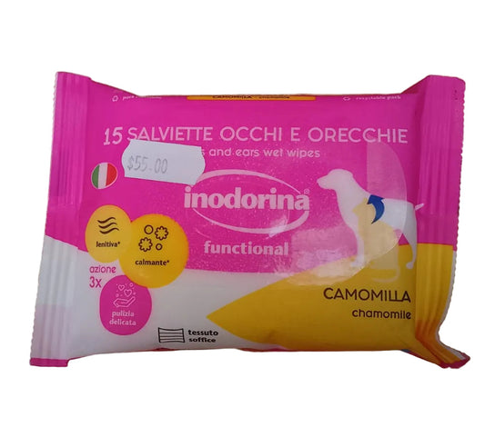 Toallitas limpiadoras de ojos y orejas con manzanilla.